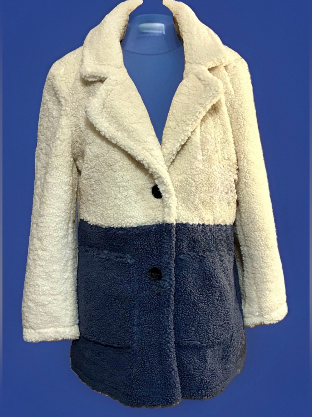 FRENCH CONNECTION Size M Faux Fur Sherpa, Color Block Jacket Coat, Ivory & Denim
